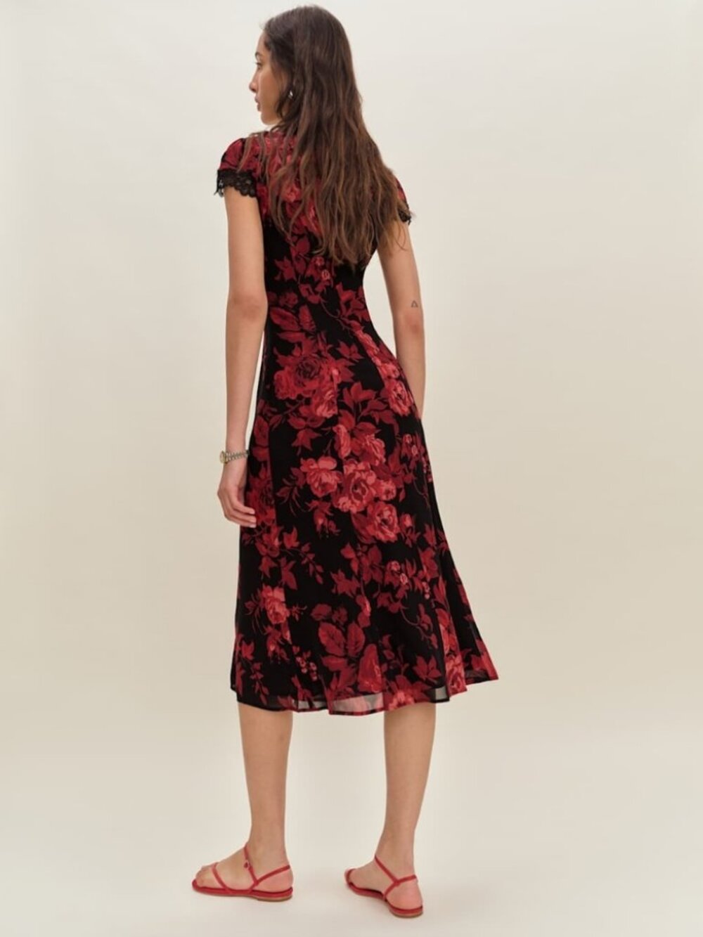 NWOT Reformation Tiffie Dress in Basilica Black Red Midi Lace Cap Sleeves Size 2 - Picture 2 of 5